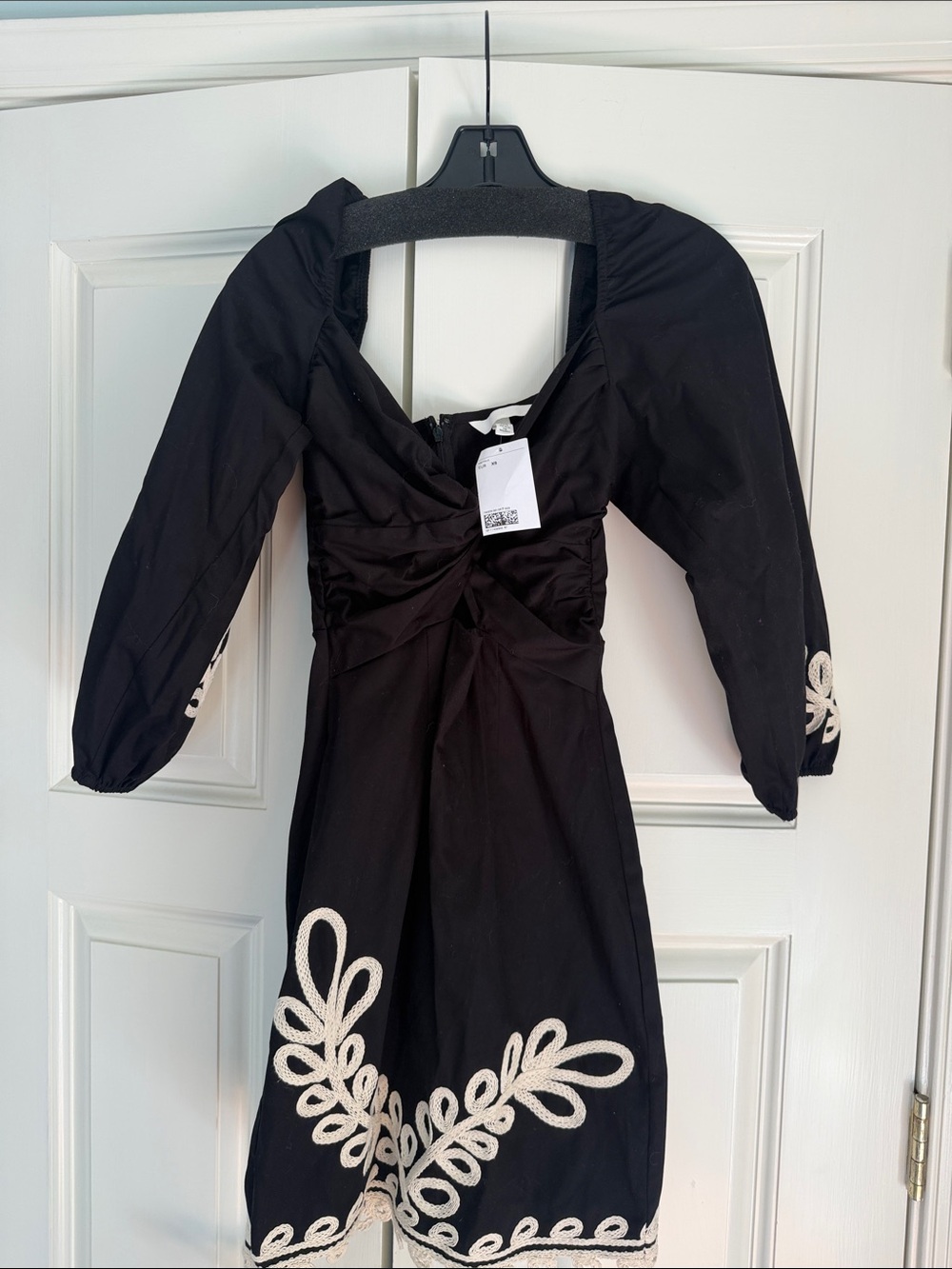 H&M Black Long-Sleeve Twist-Front Mini Dress with Cream Leaf Embroidery